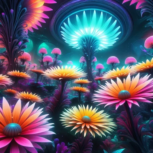 Prompt: (intricate alien flowers), vibrant multi-colored blooms, luminous petals, fantastical shapes, shimmering textures, alien landscape background, surreal ambiance, exotic atmosphere, soft ethereal lighting, high depth details, stunning visual impact, botanical wonderland, ultra-detailed, 4K resolution.