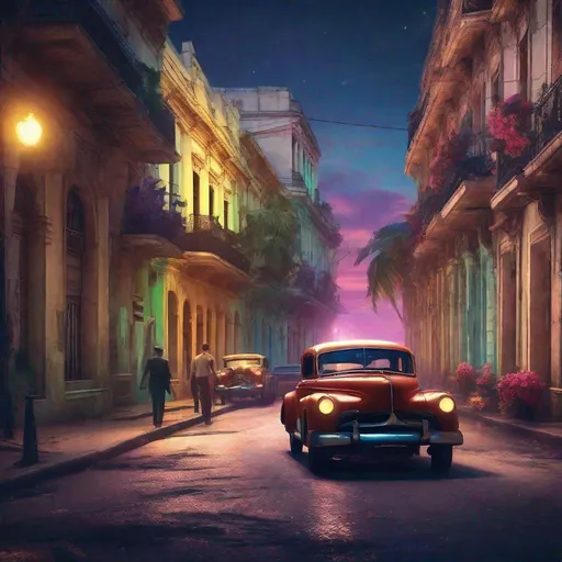 Prompt: create a close up romantic style street scene in Havana in the 1930 at night, street lights illuminating, bright flowers, trees, people walking, colorful buildings of the period, ,unreal engine, highly detailed, best quality, highres, bright colors, glimpse of ocean in background, illustration, masterpiece, atmospheric lighting, surreal, futuristic, vibrant tones, otherworldly, intense colors, vibrant atmosphere