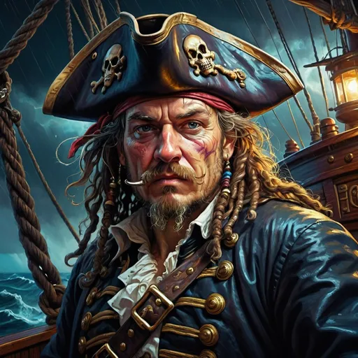 Prompt: Psychedelic contemporary artwork of close up view of mean looking gnarly pirate captain standing on the deck of his pirate ship, far out at sea in tremendous storm at night, Rembrandt  transformation, centered, painted, symmetry, intricate, volumetric lighting, dan mumford, marc simonetti style, astrophotography, rich deep colors, ultra detailed, sharp focus, beautiful masterpiece, psychedelic, contemporary, transformation, symmetry, intricate details