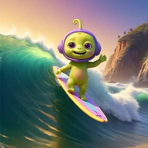 Prompt: Fantasy illustration of a cute teletubbie-style alien creature riding a colorful surfboard on a large ocean wave in Malibu, vibrant and colorful, high quality, fantasy, cute creature, surfboard, ocean wave, Malibu, vibrant colors, dynamic pose, detailed illustration, fantasy style, cheerful atmosphere, sunny day, whimsical, magical lighting
