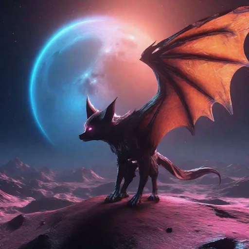Prompt: Eerie, Alien looking bat on the surface of the moon, fantasy, unreal engine, highly detailed, best quality, highres, bright colors, glowing blue orange and pink, meteor shower in background, illustration, masterpiece, atmospheric lighting, surreal, futuristic, detailed wings, lunar surface, alien, vibrant tones, otherworldly, intense colors, vibrant atmosphere
