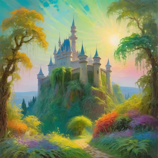 Prompt: Enchanting fantasy landscape painting with vibrant brushstrokes, lush greenery, majestic castle in the background, fairytale ambiance, high quality, oil painting, fantasy, childe hassam style, vibrant colors, captivating scenery, dreamy atmosphere, soft lighting
