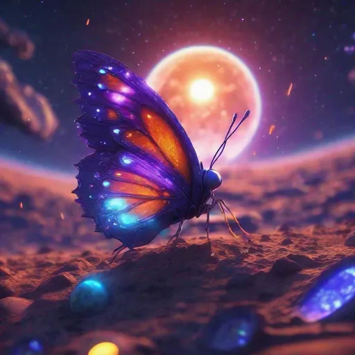 Prompt: ((best quality)), ((illustration)), ((masterpiece)), bright  colors, unreal engine, highres, cute alien butterfly
on the surface of the moon, glowing blue orange and purple; meteor shower in background, highly detailed