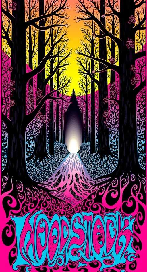 Prompt: (accurately spelled text "Woodstock"concert),  rock band, tshirt graphics, poster, psychedelic colors, enchanting forest scene, dark forest, eerie sunlight filtering through trees, mystical atmosphere, vibrant flora, detailed textures of bark and leaves, serene whether, ethereal essence, soft shadows, high definition, whimsical, inviting aura, tranquil setting, inviting tranquility, harmonious nature, 4K ultra-detailed.