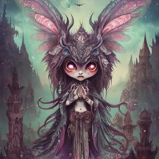 Prompt: mean and evil Fantasy creature,  bohemian with mystical eerie landscape, flying magic insects, kawaii chibi, detailed eyes, vibrant colors, intricate patterns, highres, mystical, whimsical, bohemian, vibrant colors, retro, chibi, celestial, intricate patterns, magic