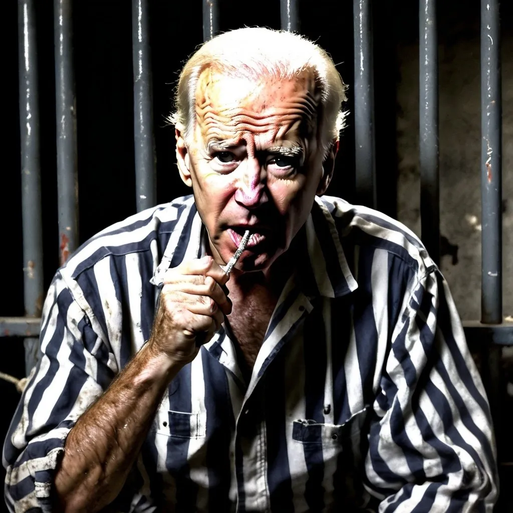 Prompt: Joe Biden in jail eating a rat,  evil facial expression, grunge, wearing striped jail jumpsuit, drunk, lazy, sleazy, unkempt,gritty style, dark and intense, sinister expression, messy hair, disheveled clothing, detailed facial wrinkles, moody lighting, grungy, sinister, unkempt, detailed facial features, dark tones, gritty texture