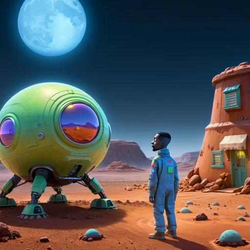 Prompt: Snoop Dog as Martian standing in front of small dwelling on Mars, blue moonlight, detailed facial features, futuristic sci-fi illustration, vibrant colors, imaginative, highres, ultra-detailed, alien, LGBTQ+, unique design, atmospheric lighting, otherworldly, futuristic fashion, cosmic landscape