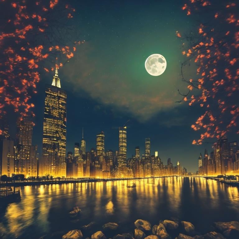Prompt: NY City skyline at night with moonlit river, colorful,  in the style of William Morris, enchanting atmosphere, glowing flora, serene, dreamlike, fantasy, hi-res, fantasy
