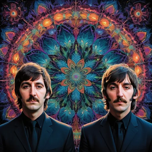 Prompt: Psychedelic contemporary artwork of the four Beatles, Nicole Wharton's transformation, centered, painted, symmetry, intricate, volumetric lighting, dan mumford, marc simonetti style, astrophotography, rich deep colors, ultra detailed, sharp focus, beautiful masterpiece, psychedelic, contemporary, transformation, symmetry, intricate details, volumetric lighting, dan mumford style, marc simonetti, astrophotography, deep colors, ultra detailed, sharp focus