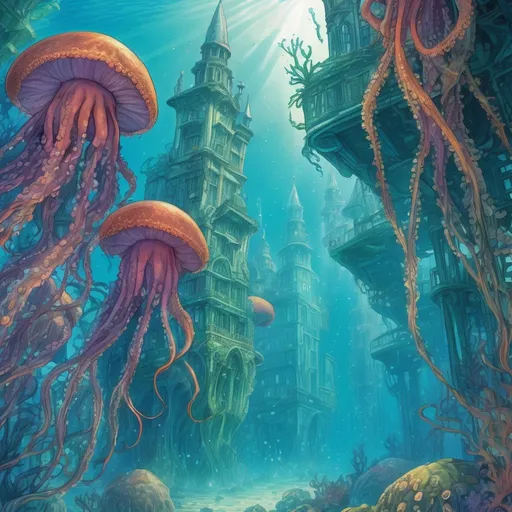 Prompt: Intense underwater seaweed city with brilliant multicolored hues, octopuses close up, with towering crystals, Moebius style, manga, cel shaded, vibrant blues and greens, intricate details, luminous lighting, highres, ultra-detailed, underwater, art nouveau, manga, cel shaded, intense blues, towering crystals, vibrant, luminous lighting