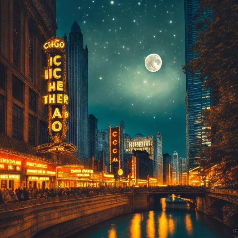 Prompt: Chicago theater district at night with moonlit river, colorful,  in the style of William Morris, enchanting atmosphere, glowing flora, serene, dreamlike, fantasy, hi-res, hyper realistic, fantasy