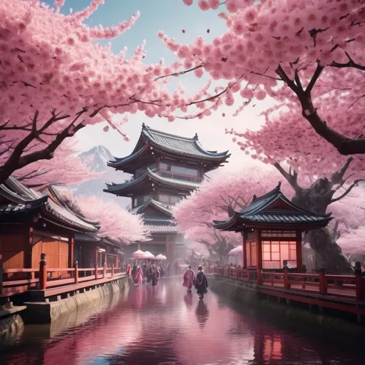 Prompt: Japanese cherry blossom festival in fantasy style