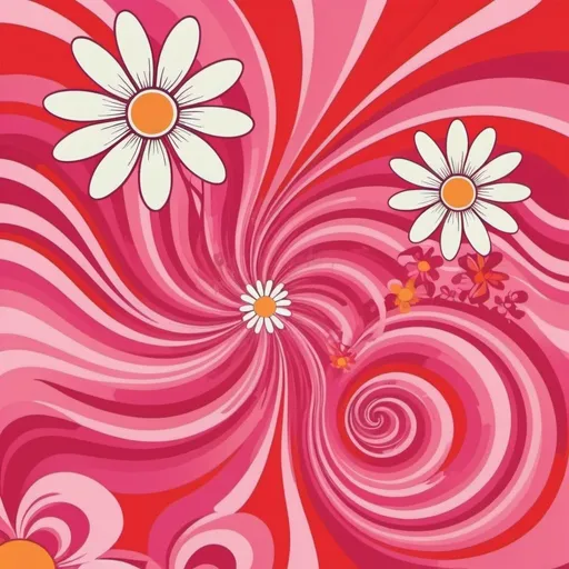 Prompt: Groovy hippie 70s flower background. Waves, swirl, twirl pattern with daisy flower. Twisted and distorted vector texture in a trendy retro psychedelic style. Y2k aesthetic. Red and pink colors stock illustration