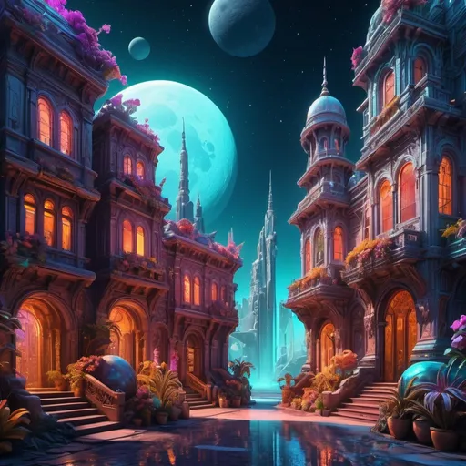 Prompt: Outer space town street scene on another planet, ornate buildings with multiple colors mixed neon plants and flowers, moonlit atmosphere, colorful and relaxed vibe, fantasy style, eerie lighting, ornate architecture, moonlight glow, fantasy, relaxed atmosphere, vibrant colors, otherworldly, fantasy vibe, ornate details, fantasy lighting, futuristic twist, exotic ambiance