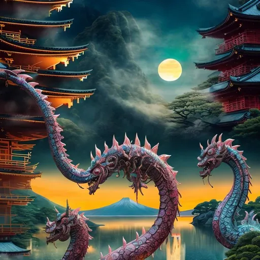 Prompt: Capture the breathtaking beauty of a sunset over japanese temple at sunset with cherry blossoms, in a symbolic and meaningful style, insanely detailed and intricate, hypermaximalist, elegant, ornate, hyper realistic, super detailed with vibrant hues painting the sky and reflecting off the calm waters. life size green realistic scarey Loch Ness Monster swimming , HD, Effervescent, magical creatures, fireflies, moonlit flowers, highres, fantasy, ethereal lighting, detailed nature, mystical, moonlit river, enchanting atmosphere, glowing flora, serene, dreamlike, fantasy creatures, moonlit scene, magical beings, surreal, whimsical, illuminated hill, mystical setting, moonlit landscape, fairytale, vibrant colors, soft moonlight, illustration, photograph