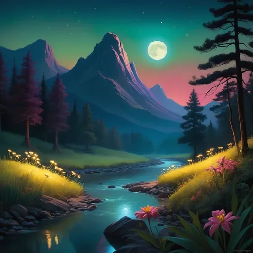 Prompt: Mountain with glowing river, in the style of edward hopper, magical creatures, fireflies, moonlit flowers, highres, fantasy, ethereal lighting, detailed nature, mystical, moonlit river, enchanting atmosphere, glowing flora, serene, dreamlike, fantasy creatures, moonlit scene, magical beings, surreal, whimsical, illuminated hill, mystical setting, moonlit landscape, fairytale, vibrant colors, soft moonlight, illustration, photograph