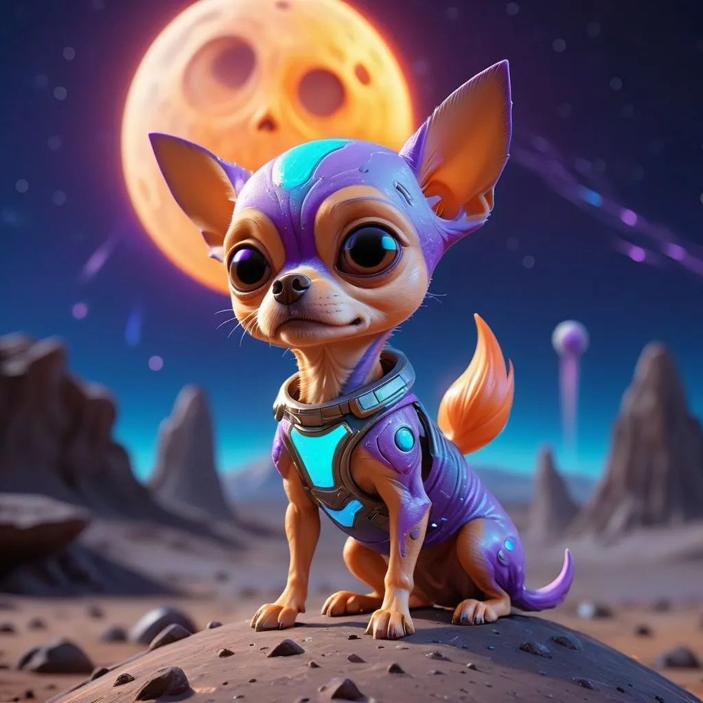 Prompt: ((best quality)), ((illustration)), ((masterpiece)), bright  colors, unreal engine, highres, cute alien creature on the surface of the moon, with tiny pet chihuahua dog, glowing blue orange and purple; meteor shower in background, highly detailed