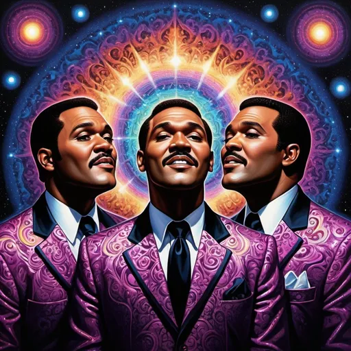 Prompt: Psychedelic contemporary artwork of the Four Tops retro singing group, Nicole Wharton's transformation, centered, painted, symmetry, intricate, volumetric lighting, dan mumford, marc simonetti style, astrophotography, rich deep colors, ultra detailed, sharp focus, beautiful masterpiece, psychedelic, contemporary, transformation, symmetry, intricate details, volumetric lighting, dan mumford style, marc simonetti, astrophotography, deep colors, ultra detailed, sharp focus