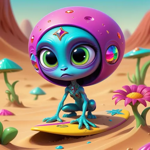 Prompt: Whimsical, cute alien, cartoon style, surfing the sand on Mars, girlie ultra colorful diamond and gems bling, vibrant colors, large expressive eyes, playful demeanor, alien flowered landscape, otherworldly plants, best quality, high resolution, vibrant, cartoon, cute, whimsical, otherworldly, playful, expressive eyes, alien landscape, vibrant colors, professional