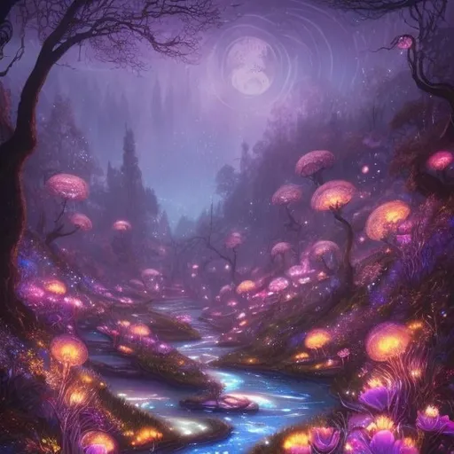 Prompt: Hill with glowing river, magical fairy creatures, moonlit flowers, highres, fantasy, ethereal lighting, detailed nature, mystical, moonlit river, enchanting atmosphere, glowing flora, serene, dreamlike, fantasy creatures, moonlit scene, magical beings, surreal, whimsical, illuminated hill, mystical setting, moonlit landscape, fairytale, vibrant colors, soft moonlight