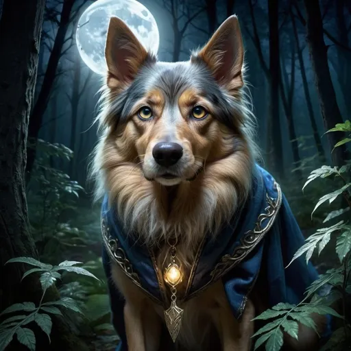 Prompt: Wizard's dog prowling in the deep forest at night, moonlit, mystical fantasy style, detailed fur with magical gleam, intense and focused gaze, highres, ultra-detailed, fantasy, mystical, detailed eyes, atmospheric lighting, moonlit, deep forest, magical fur, professional