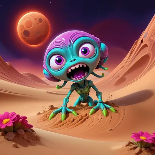 Prompt: violent Moon storm , cartoon style, action on the sand waves on Mars, vibrant colors, playful demeanor, alien flowered landscape, otherworldly plants, best quality, high resolution, vibrant, cartoon, cute, whimsical, otherworldly, playful, expressive eyes, alien landscape, vibrant colors, professional