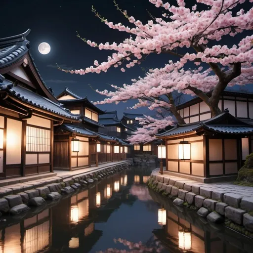 Prompt: Realistic, traditional japanese village at night, cherry blossom, detailed architecture, serene atmosphere, high quality, traditional, village, night scene, cherry blossom, detailed buildings, serene, realistic, atmospheric lighting, peaceful, traditional Chinese, cool tones