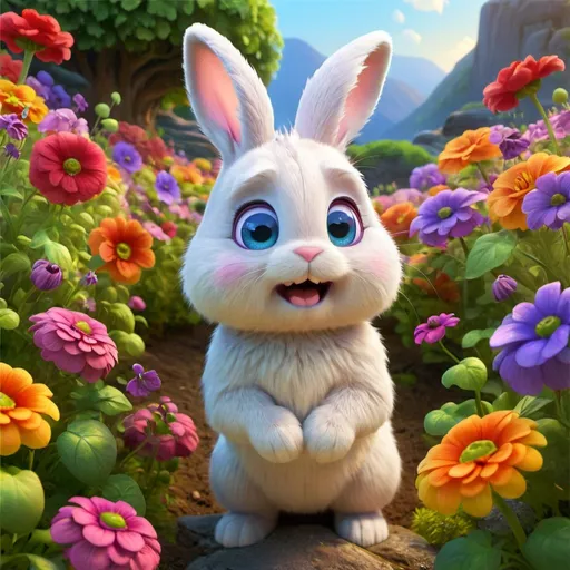 Prompt: Cute and adorable bunny in a fantasy flower garden, lush greenery, vibrant colorful flowers, soft and fluffy fur, expressive and bright eyes, high quality, fantasy, cute, adorable, fantasy style, vibrant colors, detailed fur, dreamy lighting