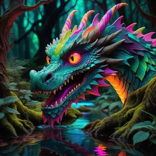 Prompt: Psychedelic dragon lurking in deep dark forest with trees and large pool of water, vibrant colors, swirling patterns, detailed scales and textures, high quality, digital painting, surreal, neon tones, otherworldly atmosphere, glowing eyes, multi-dimensional, intense and immersive, fantasy, psychedelic, vibrant colors, detailed scales, surreal, neon tones, immersive lighting