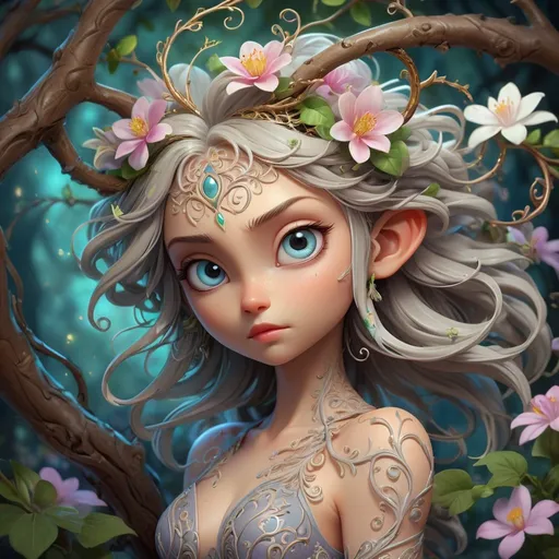 Prompt: Anime-style digital painting of a mystical creature, intricate pose with filigree details, detailed digital art, romantic and cute, luminism, dynamic lighting, complex background, highly detailed, fantasy, flowers, tree branches, dynamic lighting, intricate, cute, professional, professional art quality, WLOP style, Greg Rutkowski style, Mandy Disher style, Craola style, cool tones, atmospheric lighting