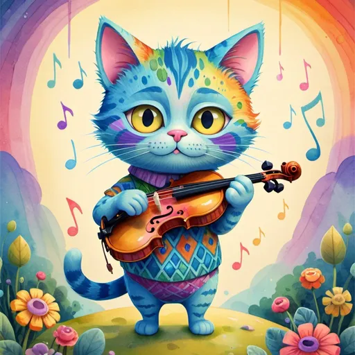 Prompt: Bohemian psychedelic illustration of a whimsical cat playing a fiddle, vibrant and colorful patterns with multiple shapes, watercolor painting, kawaii chibi, 16:9, highres, detailed fur, vibrant colors, whimsical, psychedelic, watercolor, chibi, bohemian, playful, colorful patterns, detailed facial features, professional, artistic lighting
