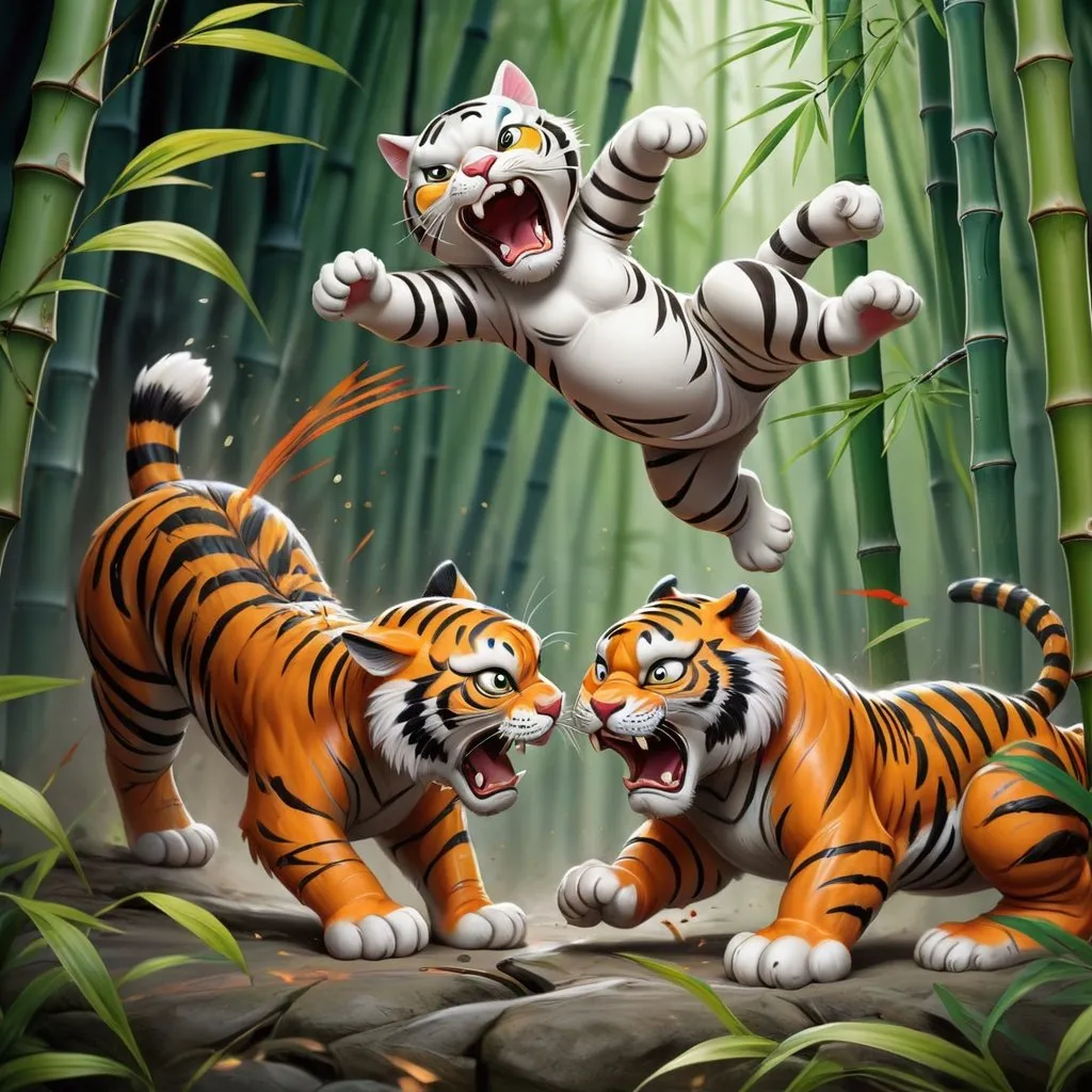 Prompt: small Colorful kung fu baby kitten fighting a large tiger in a bamboo forest, traditional chinese colorful painting, intense battle scene, high action and detail, monochrome, dynamic ink strokes, bamboo leaves swirling, fierce tiger, martial arts stance, high contrast, detailed fur, intense battle, black and white, traditional, energetic strokes, highres, action-packed, dynamic, intense