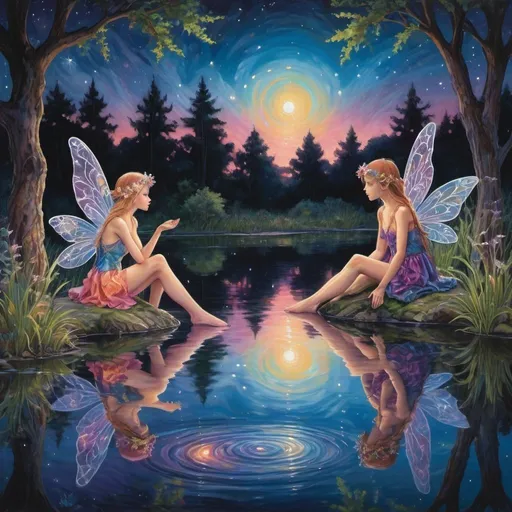Prompt: Psycedelic fairies sitting along the waters of a serene pond shimmer with kaleidoscopic reflections of the changing  dark night sky above. Each ripple, a testament to the wind's whisper, reshapes the radiant colors, embodying the transient nature of introspection. 
