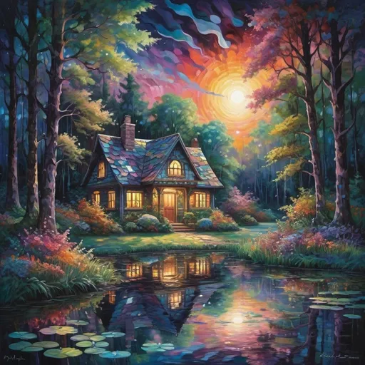 Prompt: magical cottage deep dark multicolor forest in moonlight, sitting along the waters of a serene pond shimmer with kaleidoscopic reflections of the changing sky above. Each ripple, a testament to the wind's whisper, reshapes the radiant colors, embodying the transient nature of introspection. 