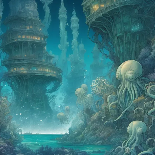 Prompt: Intense underwater seaweed city with octopuses, with towering crystals, Moebius style, manga, cel shaded, vibrant blues and greens, intricate details, luminous lighting, highres, ultra-detailed, underwater, art nouveau, Moebius, manga, cel shaded, intense blues, towering crystals, vibrant, luminous lighting