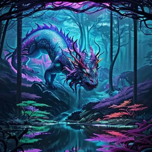 Prompt: Asian inspired multicolored dragon lurking in deep dark forest with trees and large pool of water, vibrant colors, swirling patterns, detailed scales and textures, high quality, digital painting, surreal, neon tones, otherworldly atmosphere, glowing eyes, multi-dimensional, intense and immersive, fantasy, psychedelic, vibrant colors, detailed scales, surreal, neon tones, immersive lighting