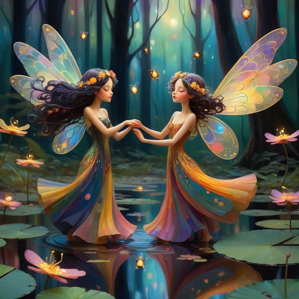 Prompt: small winged fairies characters in the style of Klimt dancing in deep dark multicolor forest,Amidst a quiet forest glade, fireflies in the background around the waters of a serene pond shimmer with kaleidoscopic reflections of the changing sky above. Each ripple, a testament to the wind's whisper, reshapes the radiant colors, embodying the transient nature of introspection. 