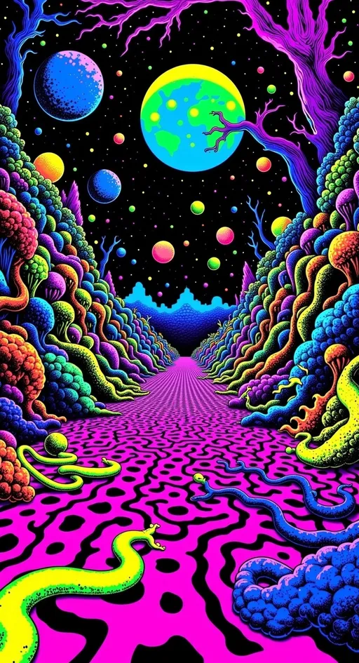 Prompt: Imagine a 3D space  landscape that feels like a surreal, cosmic space. The floor is a mesmerizing op art pattern, whirling orbs, wrigling snakes,  huge alien flowers, reminiscent of Escher's impossible geometry, drawing the eye into infinity. This ground level is alive with fractal mathematics, creating a sense of endless depth and complexity.

The walls of this room are formed by a delicate lattice of microscopic structures, showcasing the intricate beauty of diatoms and radiolarians. These microscopic choices are woven together with the organic textures of mold and lichen, giving the space a living, breathing quality that speaks to the interconnectedness of life.


This cosmic room is further enriched by elements of copper and gold, their warm hues contrasting with the cool blues and silvers of the space. The air is filled with a sense of quantum possibilities, where particles dance in a state of superposition, creating an atmosphere of wonder and curiosity.

---

I hope this prompt gives you the inspiration you need to create a truly unique and captivating scene! If you want me to whip up an image from this prompt, just say the word!