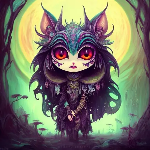 Prompt: mean and evil Fantasy creature,  bohemian with mystical eerie landscape, flying magic insects, kawaii chibi, detailed eyes, vibrant colors, intricate patterns, highres, mystical, whimsical, bohemian, vibrant colors, retro, chibi, celestial, intricate patterns, magic