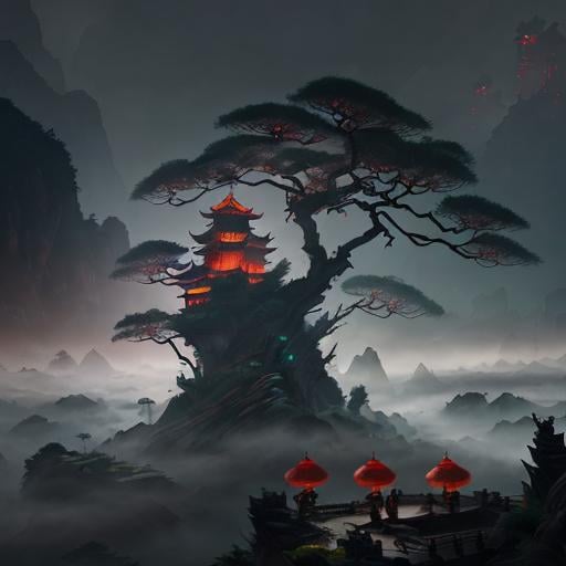 Prompt: Misty fantasy town with high towers, dramatic lighting, asian vibes, rocky terrain, atmospheric plants, two Chinese long-haired warriors fighting, old gnarly tree, Unreal Engine, red lanterns, backlit, detailed characters, high quality, atmospheric, fantasy, dramatic lighting, Asian vibes, rocky terrain, detailed fighters, traditional clothing, epic battle, misty atmosphere
