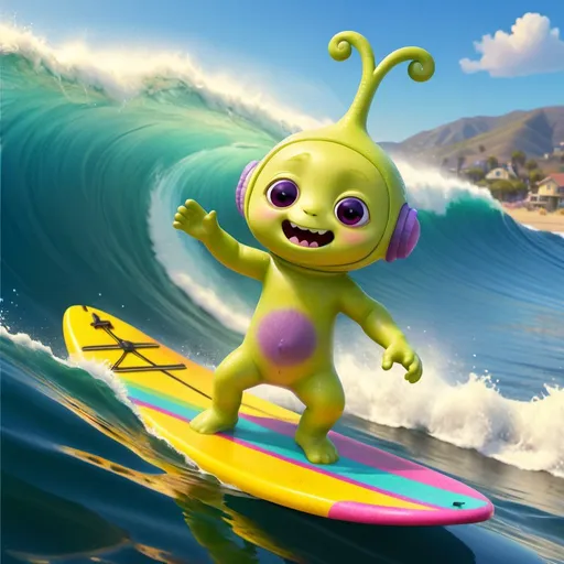 Prompt: Fantasy illustration of a cute teletubbie-style alien creature riding a colorful surfboard on a large ocean wave in Malibu, vibrant and colorful, high quality, fantasy, cute creature, surfboard, ocean wave, Malibu, vibrant colors, dynamic pose, detailed illustration, fantasy style, cheerful atmosphere, sunny day, whimsical, magical lighting