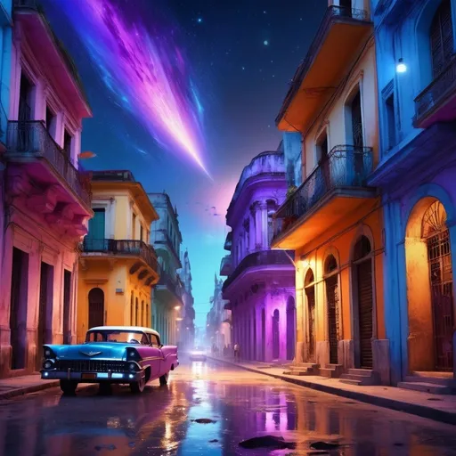 Prompt: create a street scene in Havana in the 1930 at night, street lights illuminating, colorful buildings of the period, ,unreal engine, highly detailed, best quality, highres, bright colors, glowing blue orange and purple, meteor shower in background, illustration, masterpiece, atmospheric lighting, surreal, futuristic, detailed wings, lunar surface, alien, vibrant tones, otherworldly, intense colors, vibrant atmosphere