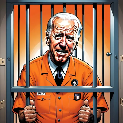 Prompt: Joe Biden in prison cell, crying, full body view, Don Martin Mad Magazine style, exaggerated emotions, detailed facial features, professional cartoon illustration, vibrant colors, dramatic lighting, orange prison uniform, guards laughing, high-quality, professional, Mad Magazine style, exaggerated emotions, detailed facial features, vibrant colors, dramatic lighting, full body view, professional cartoon illustration