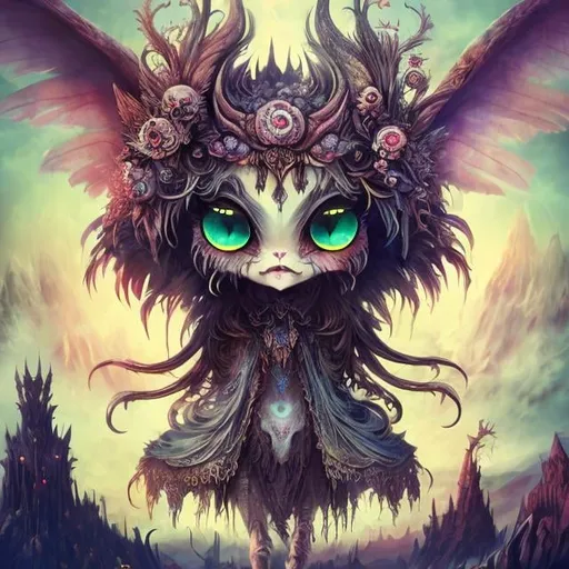 Prompt: mean and evil Fantasy creature,  bohemian with mystical eerie landscape, flying magic insects, kawaii chibi, detailed eyes, vibrant colors, intricate patterns, highres, mystical, whimsical, bohemian, vibrant colors, retro, chibi, celestial, intricate patterns, magic