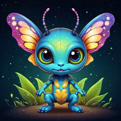 Prompt: Colorful chibi illustration of a cute hybrid creature, half alien and half firefly, with extremely detailed background, vibrant colors, whimsical, high quality, detailed, chibi, hybrid creature, alien, firefly, colorful, vibrant, highly detailed background, whimsical