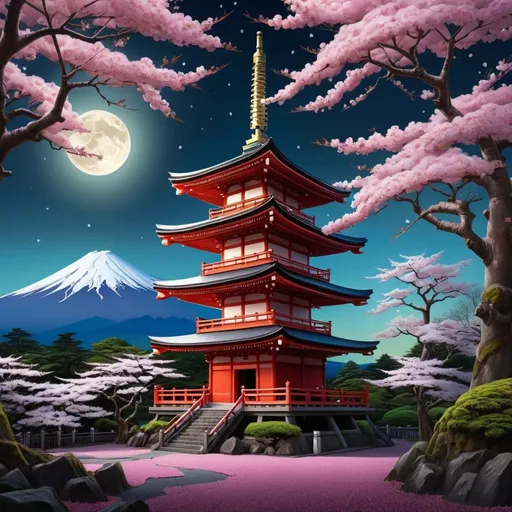 Prompt: landscape Asakusa shrine, forest trees, landscape, mt fuji, cherry blossom trees, sky background, night time, moonlight, illustration, painting, intricate detail on a surreal planet, digital art