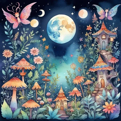 Prompt: Vibrant watercolor illustration of a mystical bohemian garden, moonlit atmosphere, diverse winged creatures, groovy patterns with colorful and diverse shapes, kawaii chibi style, detailed flora and fauna, highres, bohemian, moonlight, vibrant watercolor, diverse winged creatures, chibi, groovy patterns, colorful, mystical atmosphere, detailed illustration, 16:9 aspect ratio, atmospheric lighting