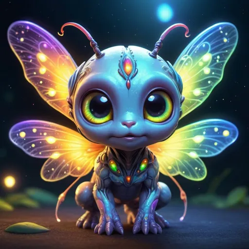 Prompt: Chibi colorful cute hybrid creature, half alien, half firefly, highly detailed, extremely detailed background, 4k, ultra-detailed, anime, fantasy, vibrant colors, glowing lights, detailed wings, cute, adorable, whimsical, magical, enchanting, colorful background, ethereal lighting