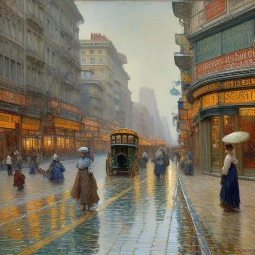 Prompt: Childe Hassam style painting of a bustling city street, vibrant colors, mixes of blues and greens, art nouveau style, lively street scene, detailed architecture, impressionism, high quality, atmospheric lighting, bustling atmosphere, vibrant colors, detailed architecture, bustling street