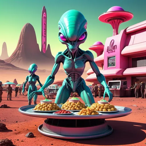 Prompt:  alien plantet outdoor movie theater on Mars with cute neon colored alien creature carhop servers, trays of alien food, futuristic neon-lit environment, high-tech 3D rendering, vibrant colors, whimsical alien creatures, towering structure, detailed alien food, vivid lighting, high quality, 3D rendering, futuristic, vibrant neon colors, whimsical, detailed environment